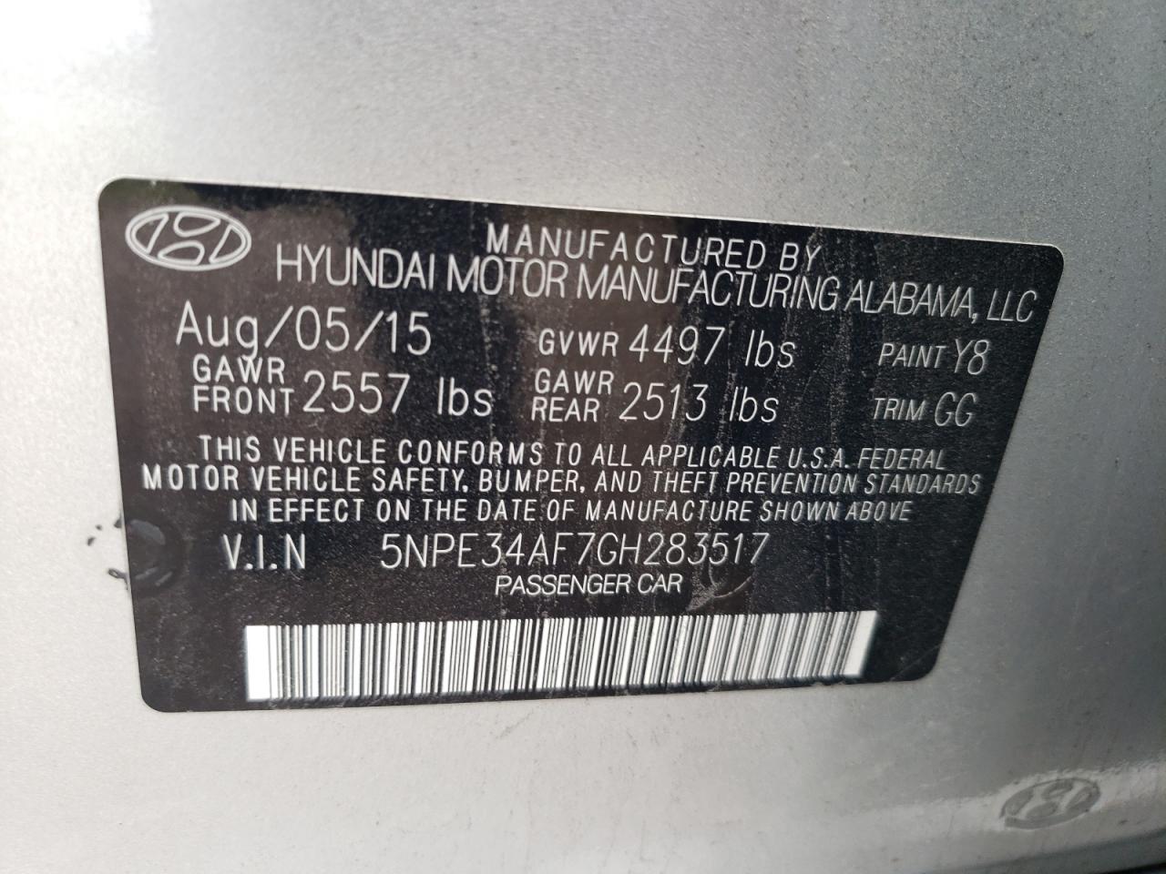 2016 Hyundai Sonata Sport VIN: 5NPE34AF7GH283517 Lot: 65705225