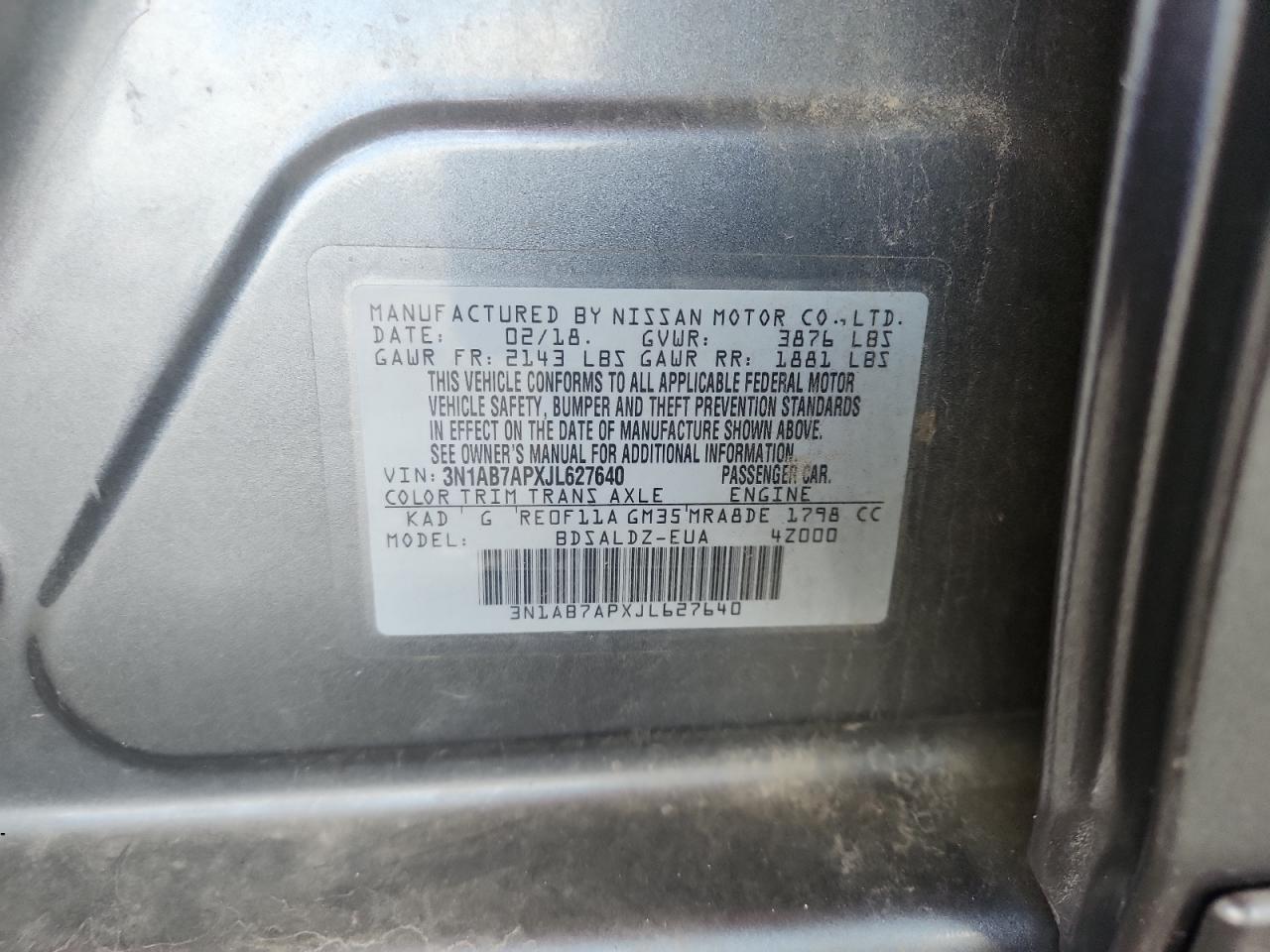 2018 Nissan Sentra S VIN: 3N1AB7APXJL627640 Lot: 63775585