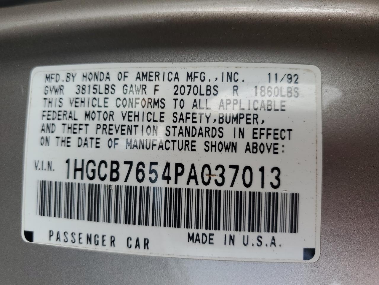 1993 Honda Accord Lx VIN: 1HGCB7654PA037013 Lot: 65439485