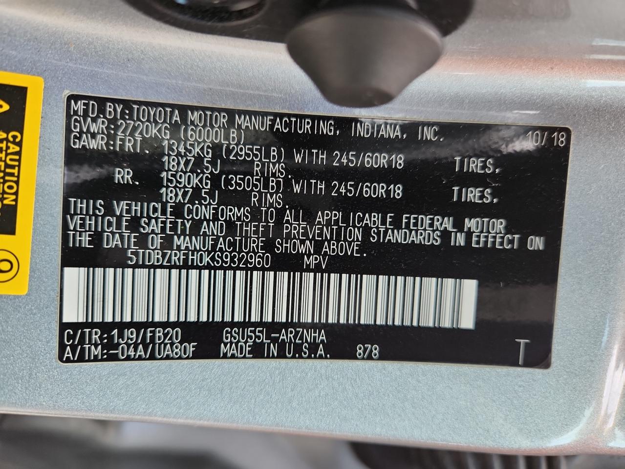 2019 Toyota Highlander Le VIN: 5TDBZRFH0KS932960 Lot: 65463425
