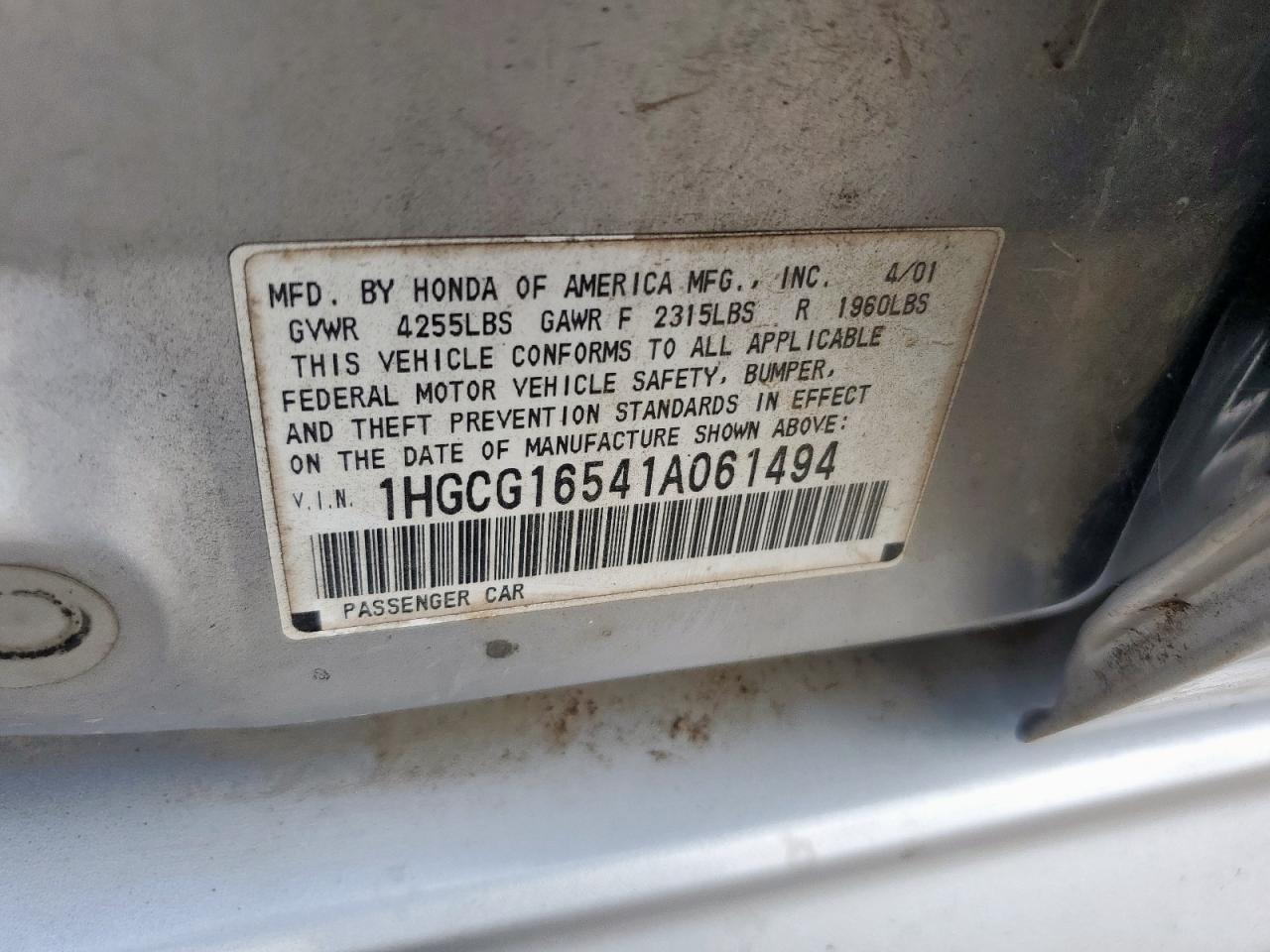 2001 Honda Accord Ex VIN: 1HGCG16541A061494 Lot: 64343425
