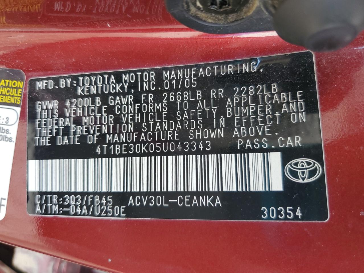 2005 Toyota Camry Le VIN: 4T1BE30K05U043343 Lot: 63738365