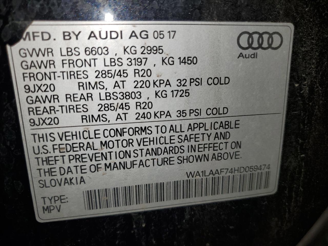 2017 Audi Q7 Premium Plus VIN: WA1LAAF74HD059474 Lot: 65030415