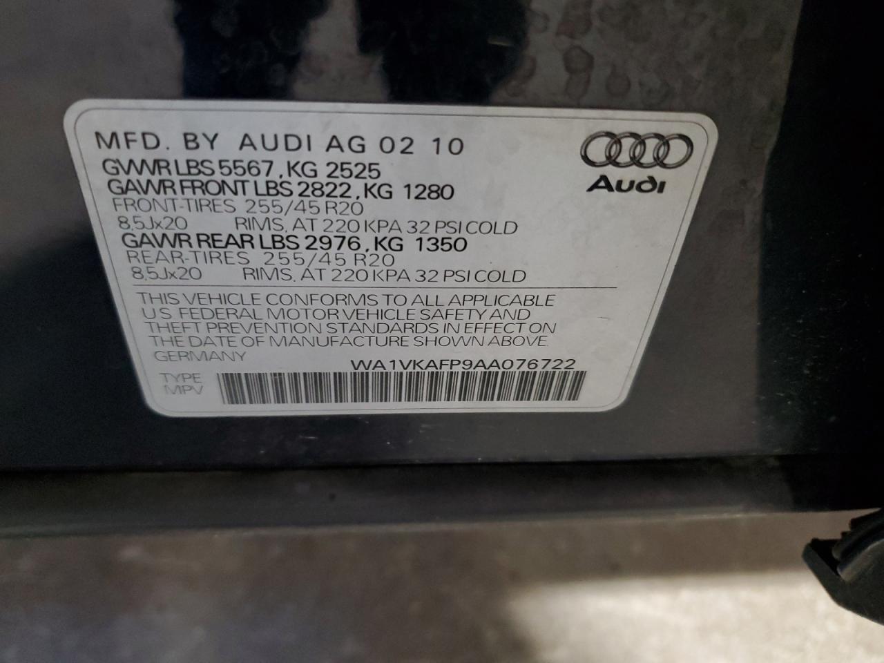 2010 Audi Q5 Prestige VIN: WA1VKAFP9AA076722 Lot: 63324615