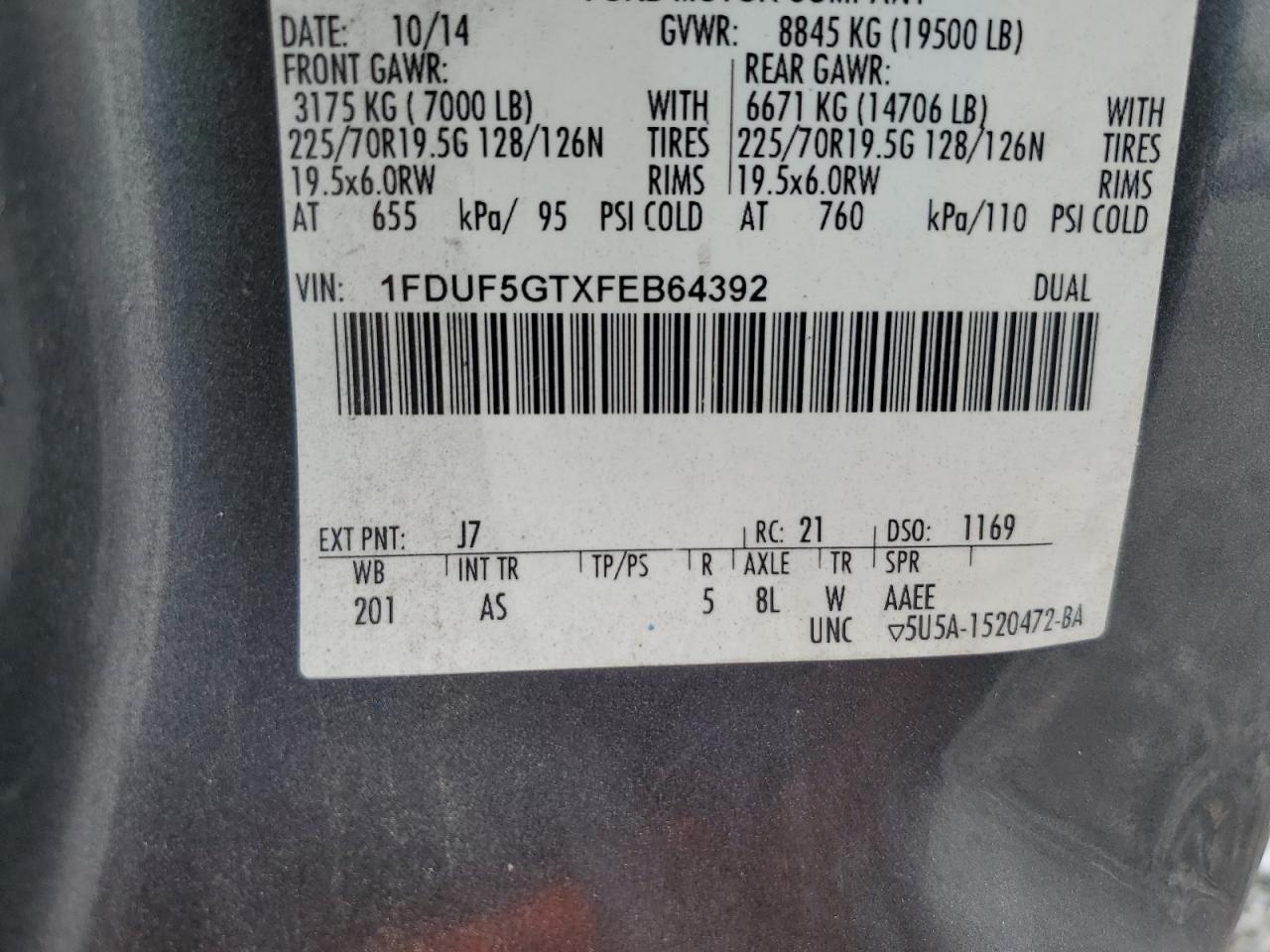 2015 Ford F550 Super Duty VIN: 1FDUF5GTXFEB64392 Lot: 63458695