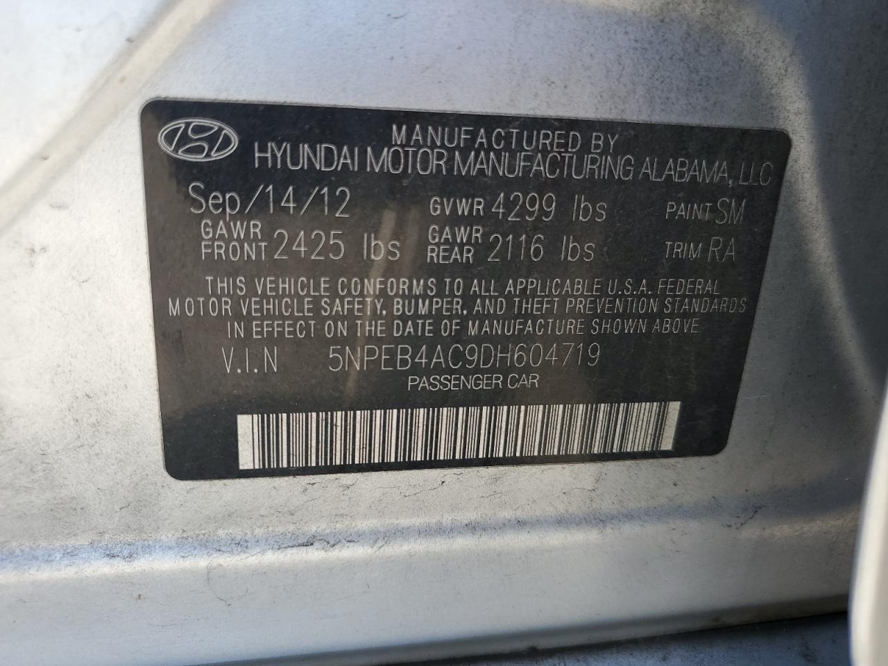 2013 Hyundai Sonata Gls VIN: 5NPEB4AC9DH604719 Lot: 63831435