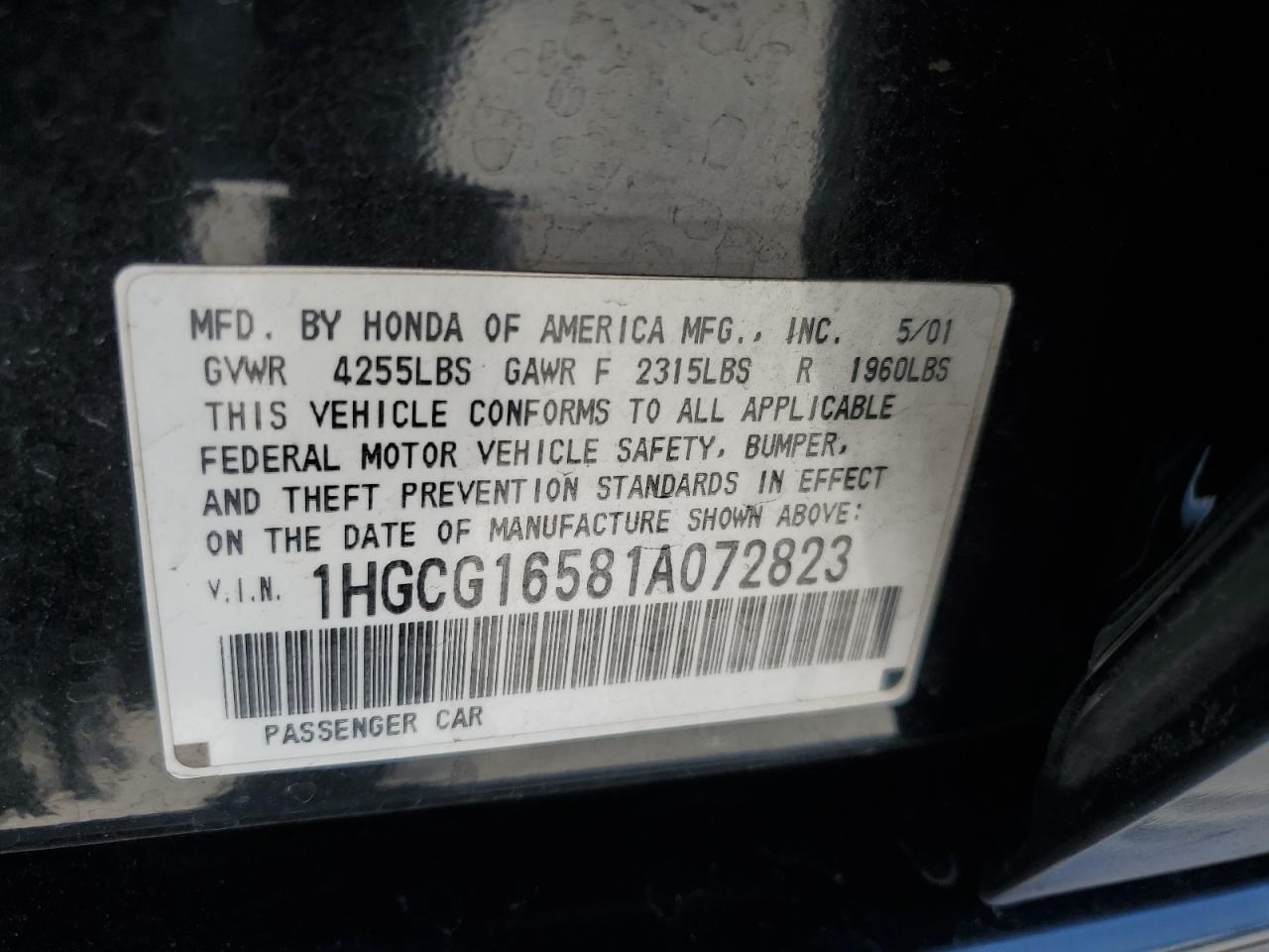 2001 Honda Accord Ex VIN: 1HGCG16581A072823 Lot: 63933505