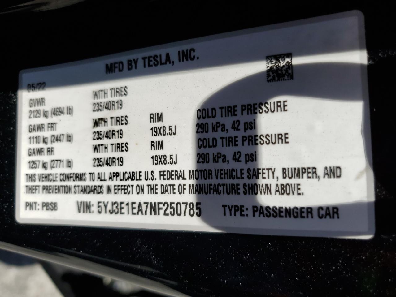 2022 Tesla Model 3 VIN: 5YJ3E1EA7NF250785 Lot: 64108995