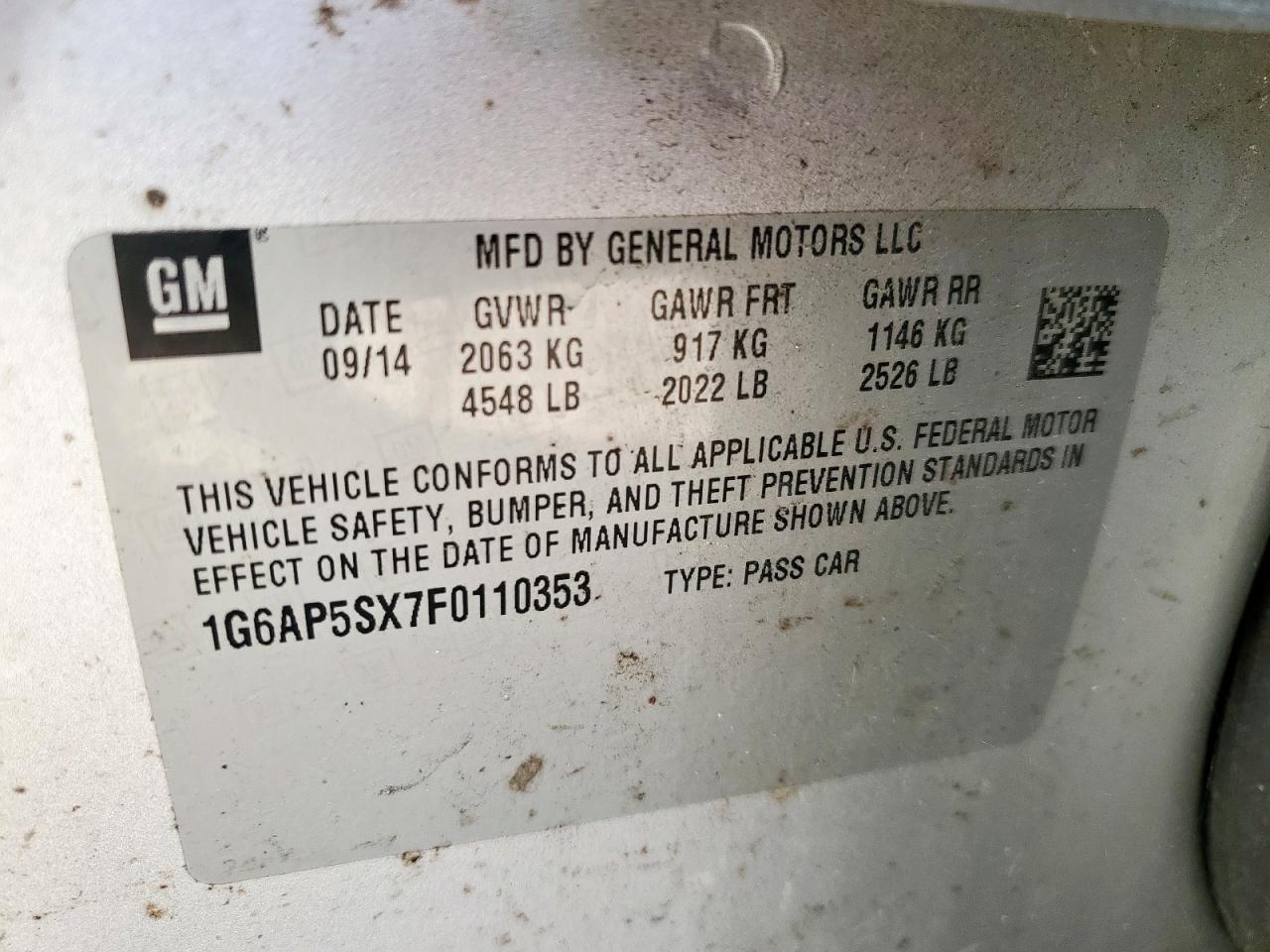 2015 Cadillac Cts VIN: 1G6AP5SX7F0110353 Lot: 64982335