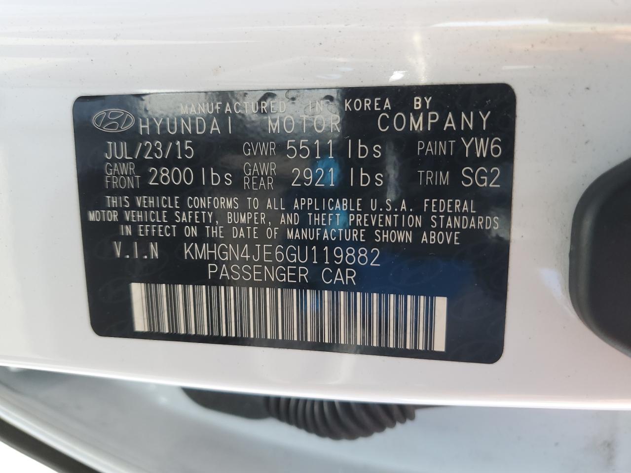 2016 Hyundai Genesis 3.8L VIN: KMHGN4JE6GU119882 Lot: 65389605