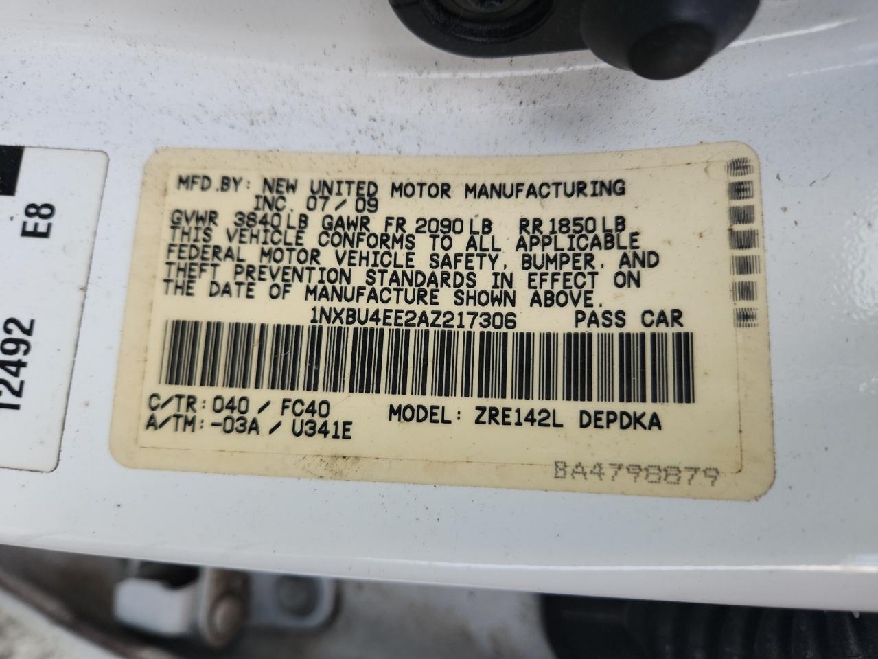 2010 Toyota Corolla Base VIN: 1NXBU4EE2AZ217306 Lot: 64207985