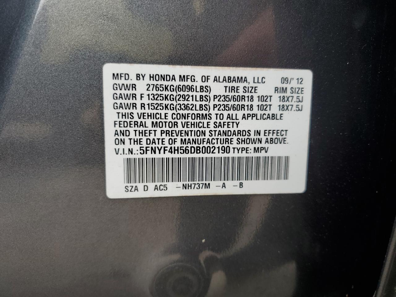 2013 Honda Pilot Exl VIN: 5FNYF4H56DB002190 Lot: 64459305