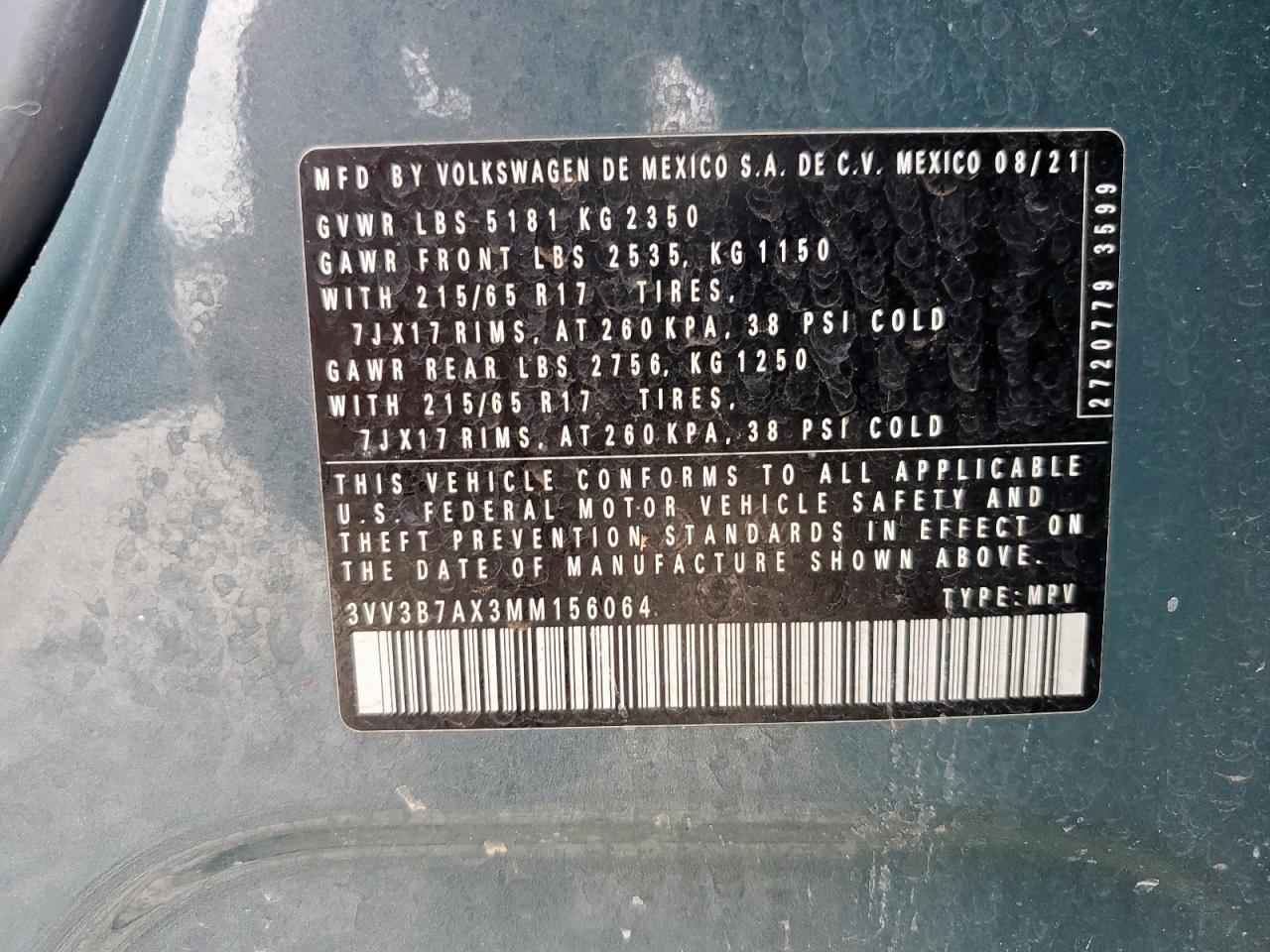 2021 Volkswagen Tiguan Se VIN: 3VV3B7AX3MM156064 Lot: 63633085