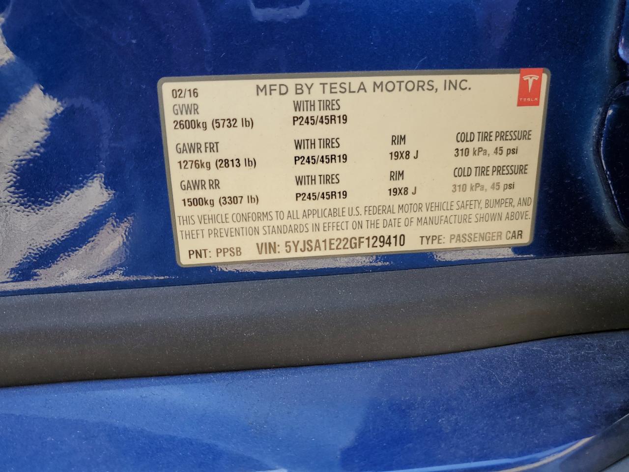 2016 Tesla Model S VIN: 5YJSA1E22GF129410 Lot: 65145725