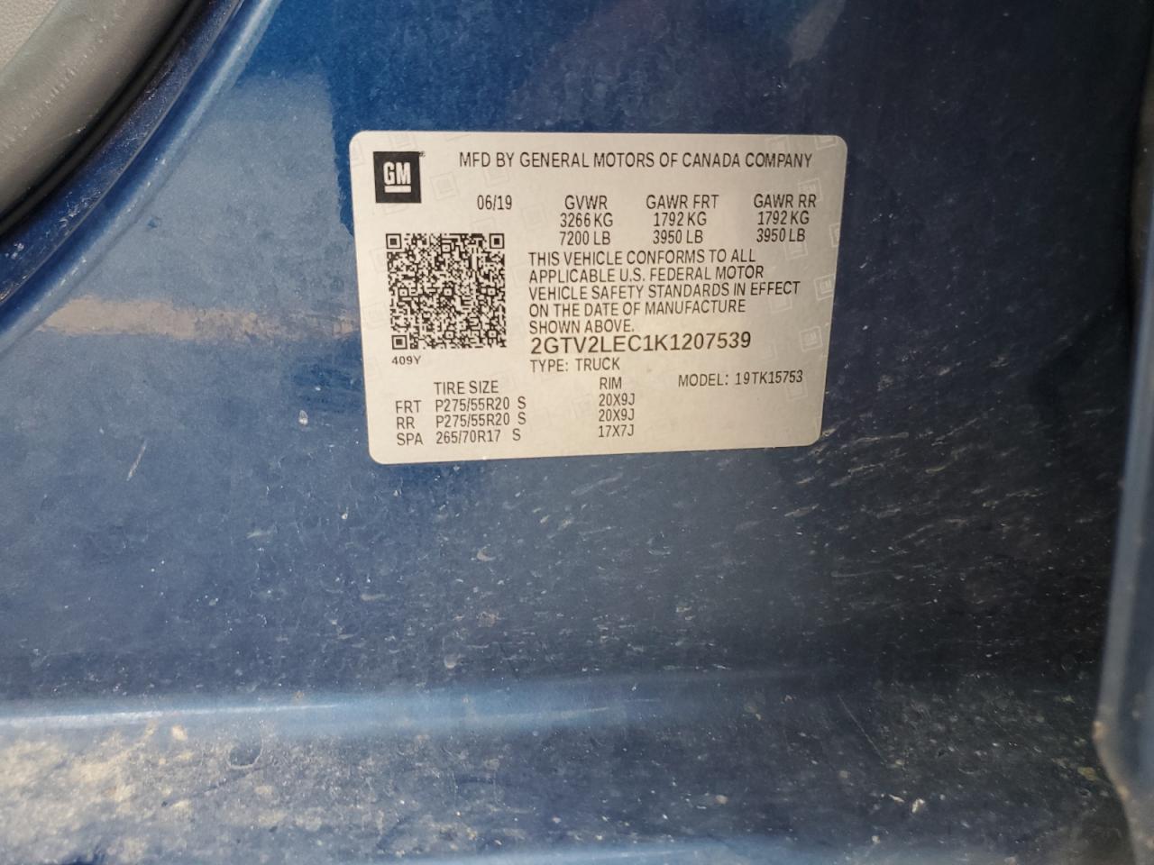 2019 GMC Sierra Limited K1500 VIN: 2GTV2LEC1K1207539 Lot: 64771895