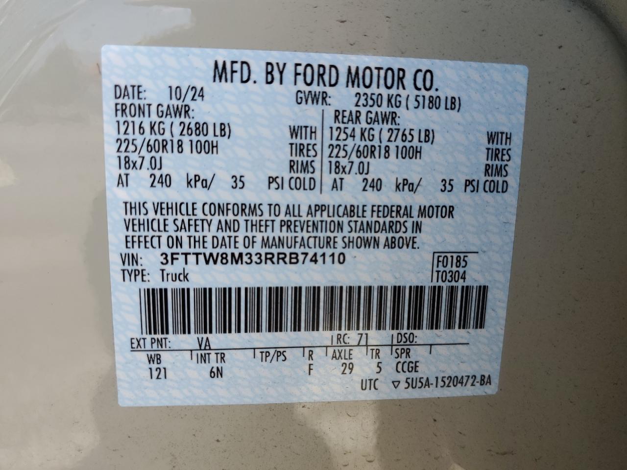 2024 Ford Maverick Lariat VIN: 3FTTW8M33RRB74110 Lot: 63328445