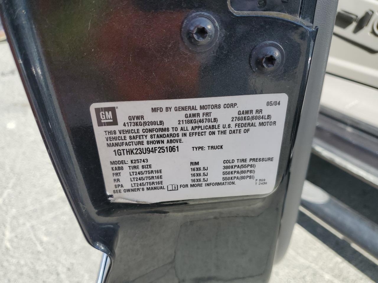 2004 GMC Sierra K2500 Heavy Duty VIN: 1GTHK23U94F251061 Lot: 63641505
