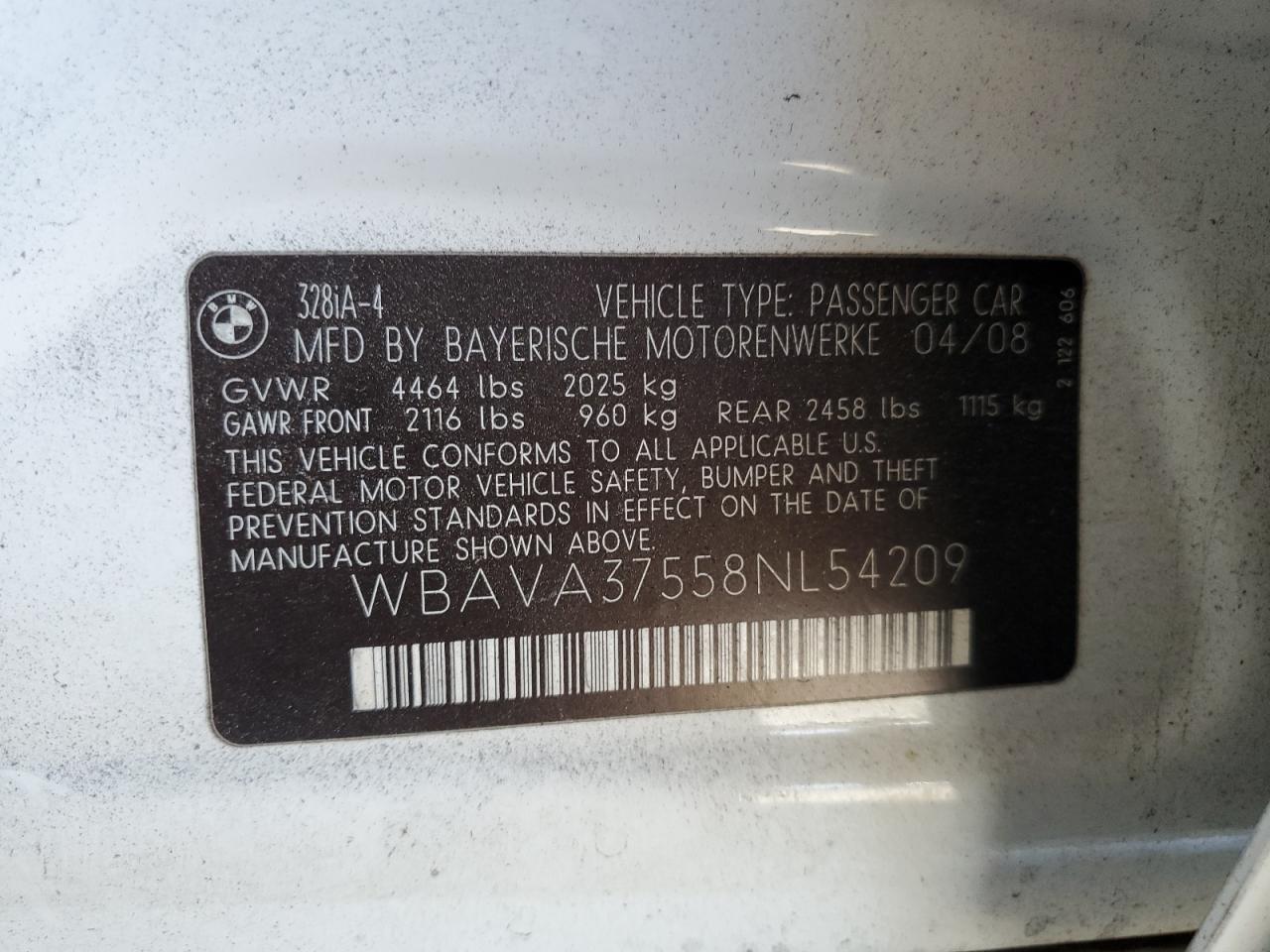 2008 BMW 328 I VIN: WBAVA37558NL54209 Lot: 64012685