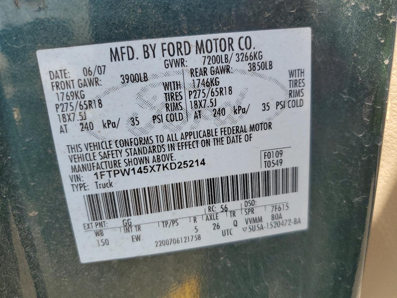 2007 Ford F150 Supercrew VIN: 1FTPW145X7KD25214 Lot: 64974245