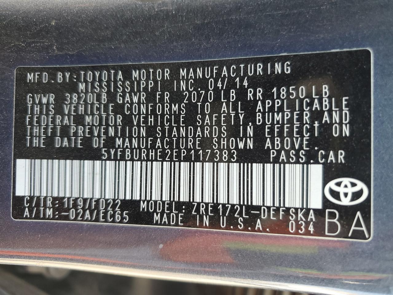 2014 Toyota Corolla L VIN: 5YFBURHE2EP117383 Lot: 65468195