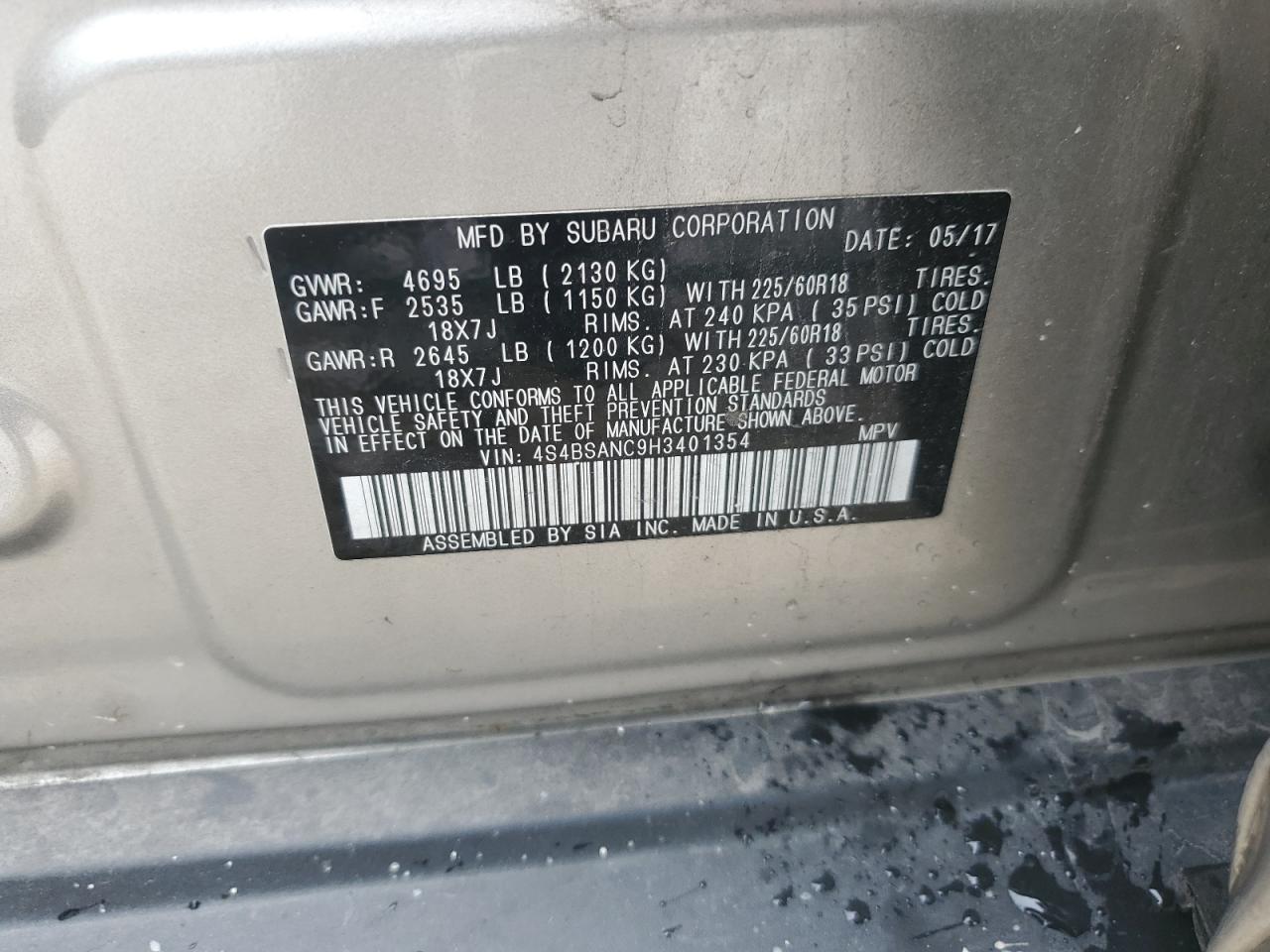 2017 Subaru Outback 2.5I Limited VIN: 4S4BSANC9H3401354 Lot: 64739115