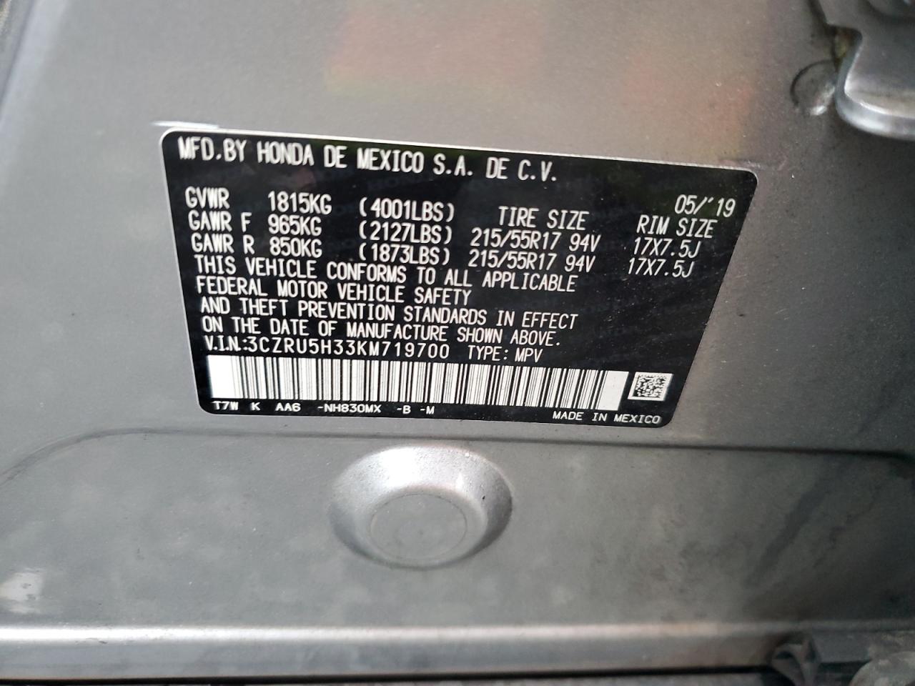 2019 Honda Hr-V Lx VIN: 3CZRU5H33KM719700 Lot: 67074465