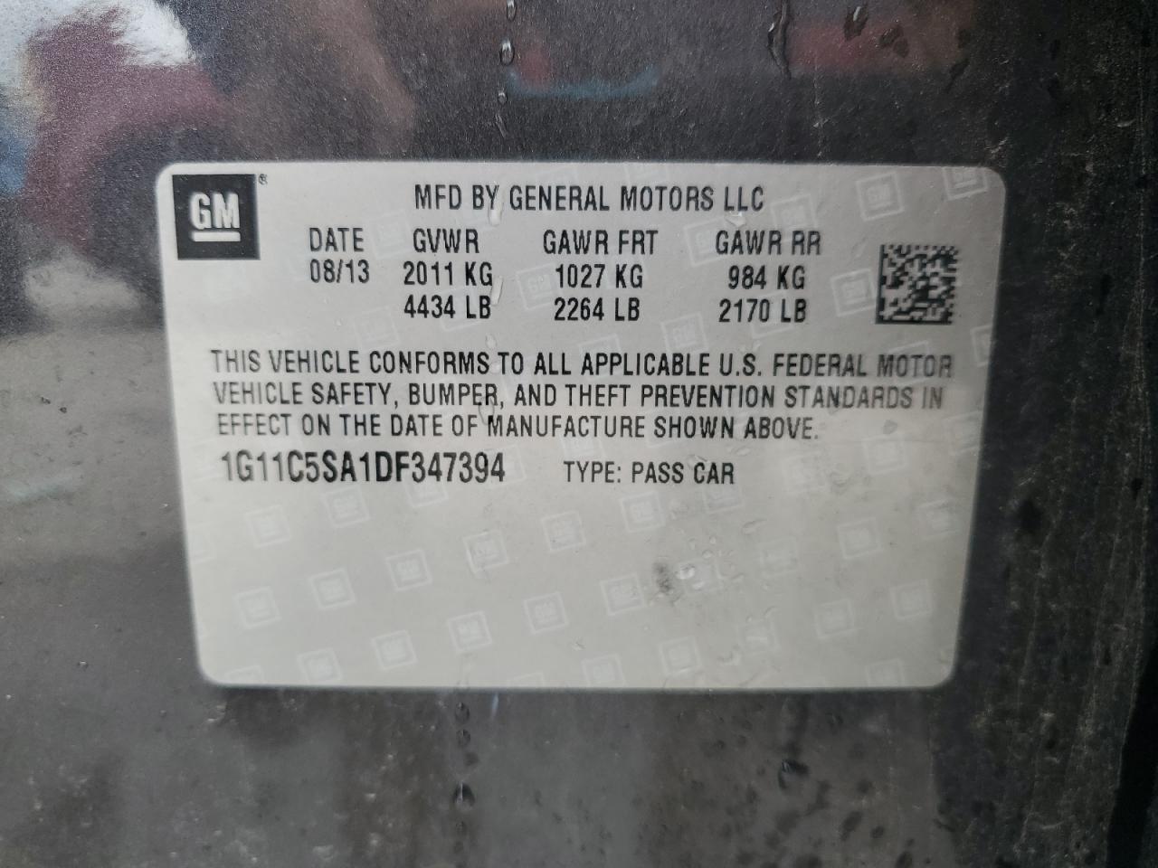 2013 Chevrolet Malibu 1Lt VIN: 1G11C5SA1DF347394 Lot: 67043265