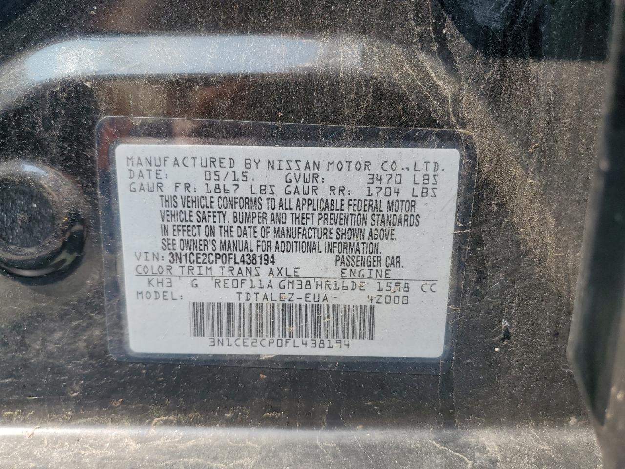 2015 Nissan Versa Note S VIN: 3N1CE2CP0FL438194 Lot: 64662585