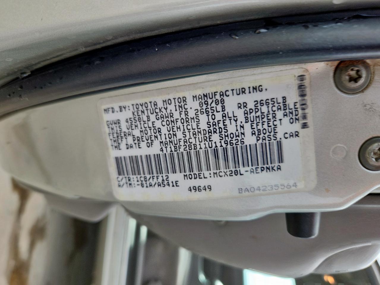 2001 Toyota Avalon Xl VIN: 4T1BF28B11U119626 Lot: 62457975