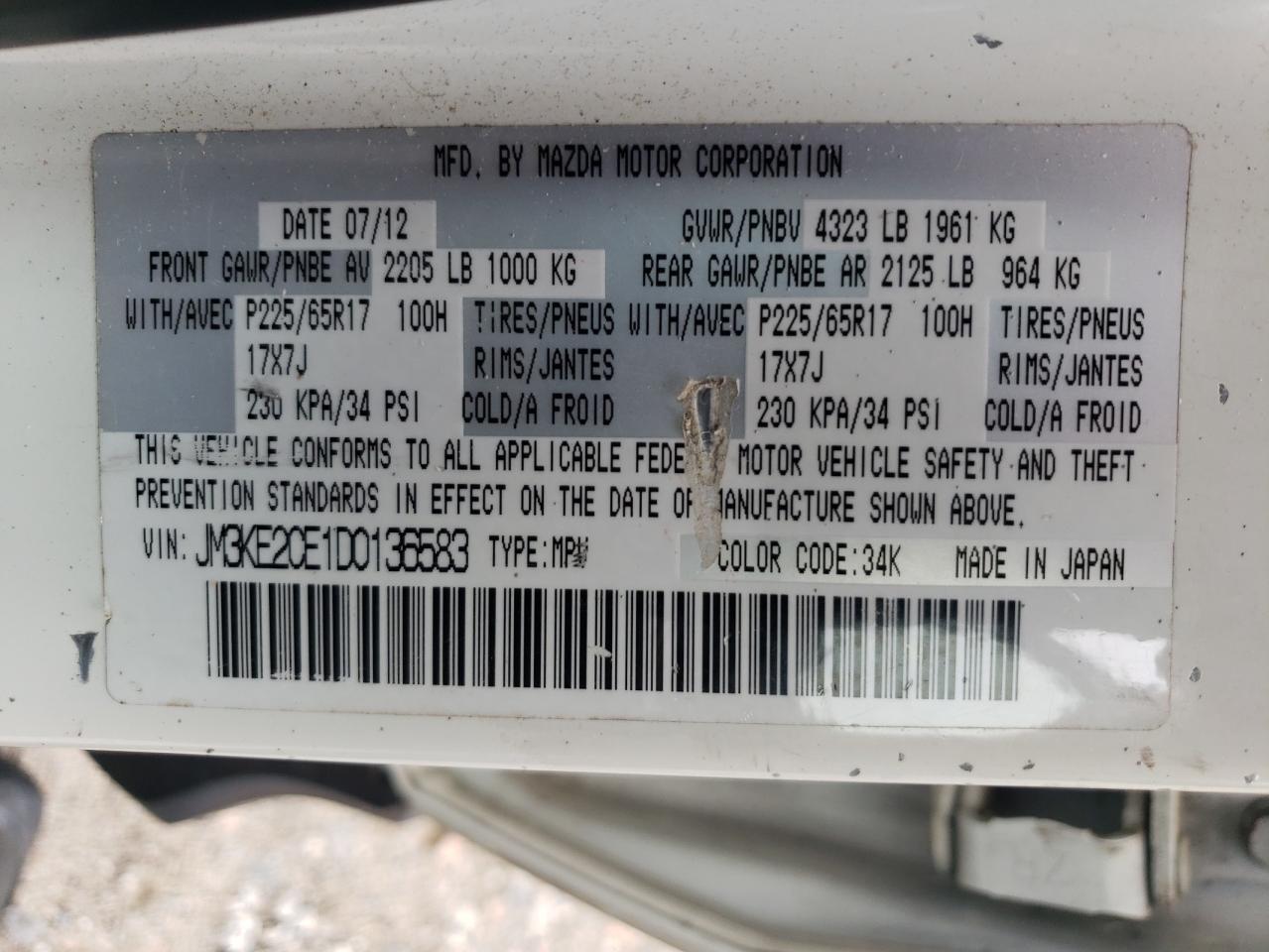 2013 Mazda Cx-5 Touring VIN: JM3KE2CE1D0136583 Lot: 64075265