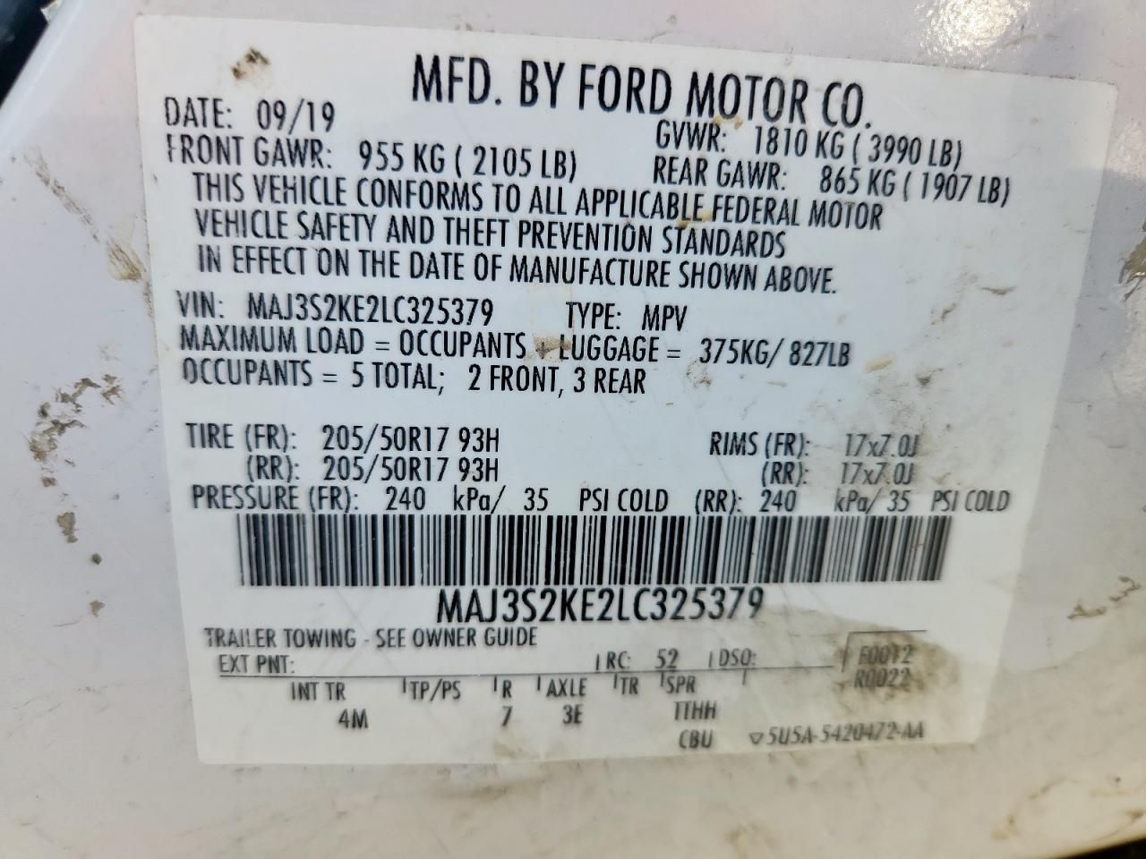 2020 Ford Ecosport Titanium VIN: MAJ3S2KE2LC325379 Lot: 65271505