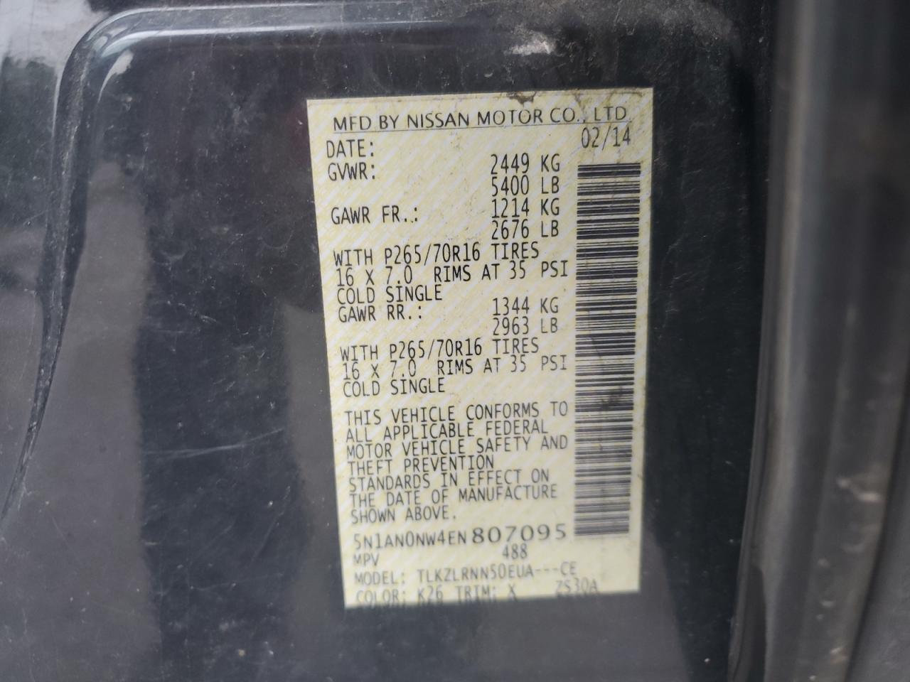 2014 Nissan Xterra X VIN: 5N1AN0NW4EN807095 Lot: 64972505