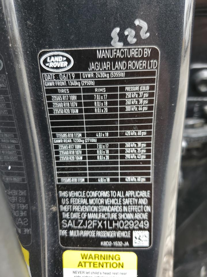 2020 Land Rover Range Rover Evoque S VIN: SALZJ2FX1LH029249 Lot: 64809175