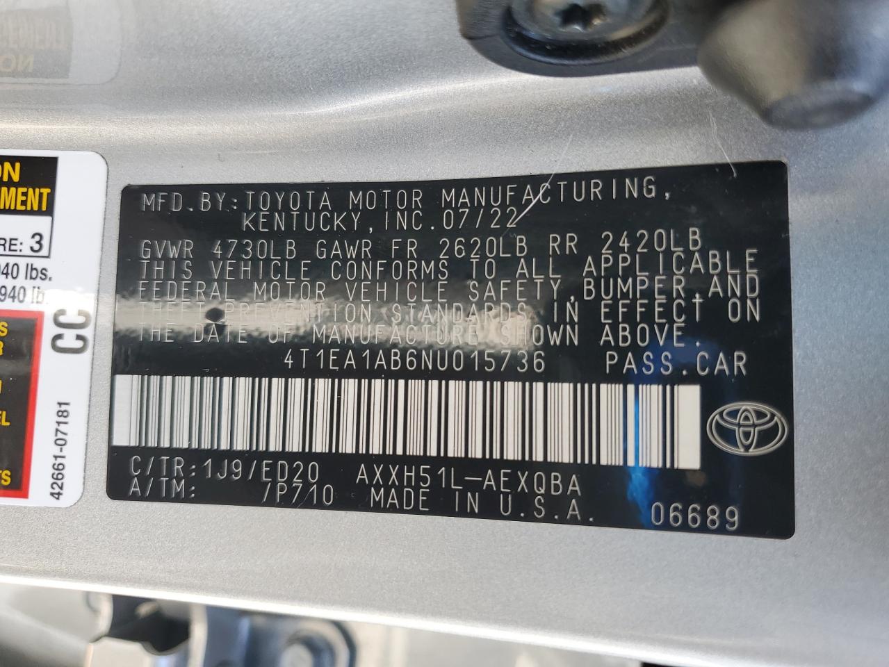 2022 Toyota Avalon Night Shade VIN: 4T1EA1AB6NU015736 Lot: 63217815