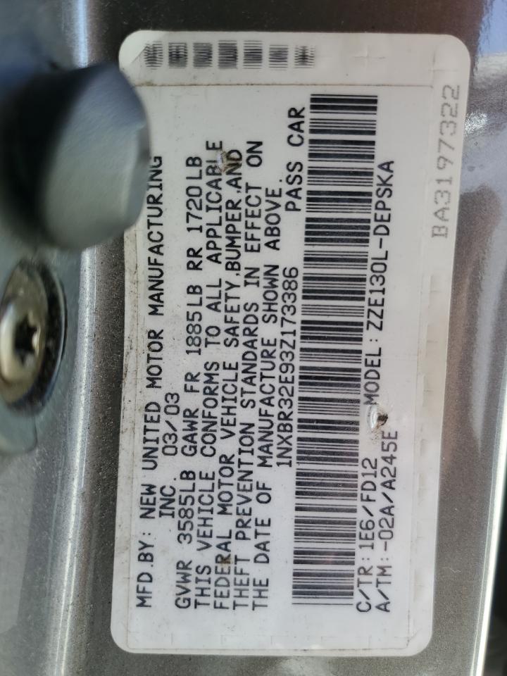 2003 Toyota Corolla Ce VIN: 1NXBR32E93Z173386 Lot: 63516885