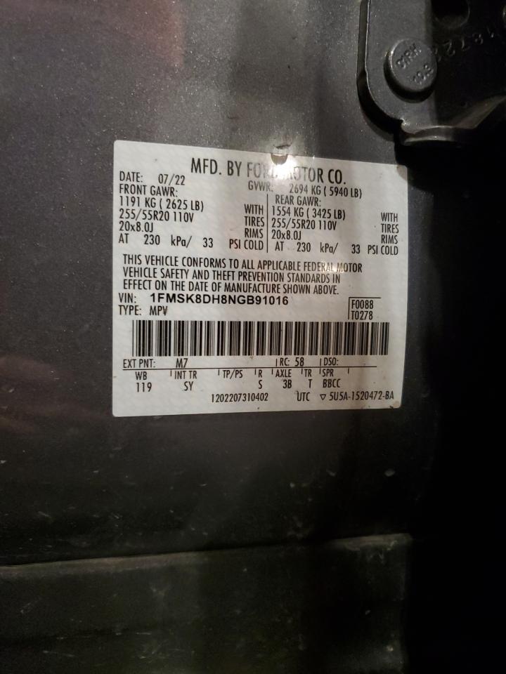 2022 Ford Explorer Xlt VIN: 1FMSK8DH8NGB91016 Lot: 65127585