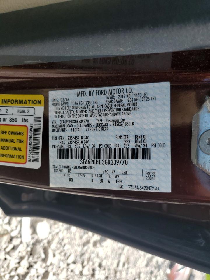 2016 Ford Fusion Se VIN: 3FA6P0HD3GR339770 Lot: 64829335