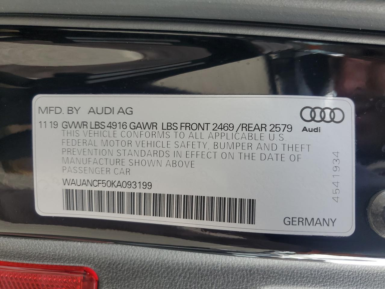 2019 Audi A5 Premium VIN: WAUANCF50KA093199 Lot: 64810055