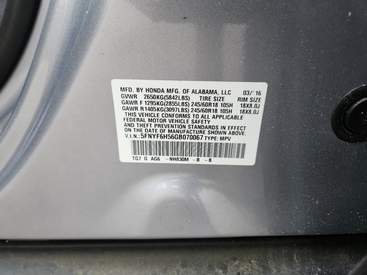 2016 Honda Pilot Exl VIN: 5FNYF6H56GB070067 Lot: 64562945