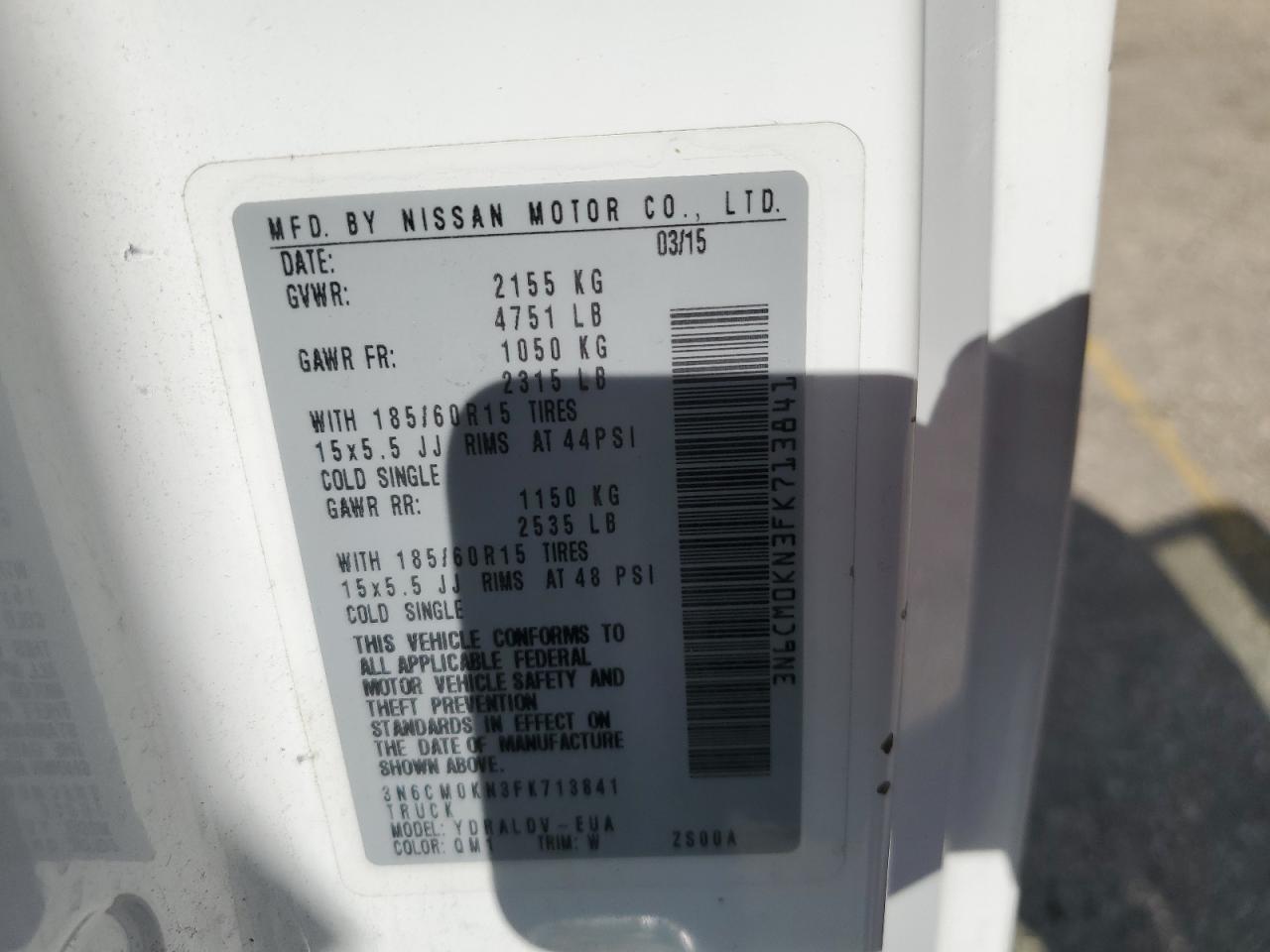 2015 Nissan Nv200 2.5S VIN: 3N6CM0KN3FK713841 Lot: 63838805