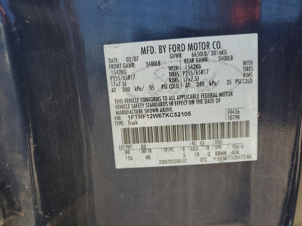 2007 Ford F150 VIN: 1FTRF12W67KC52105 Lot: 64260285