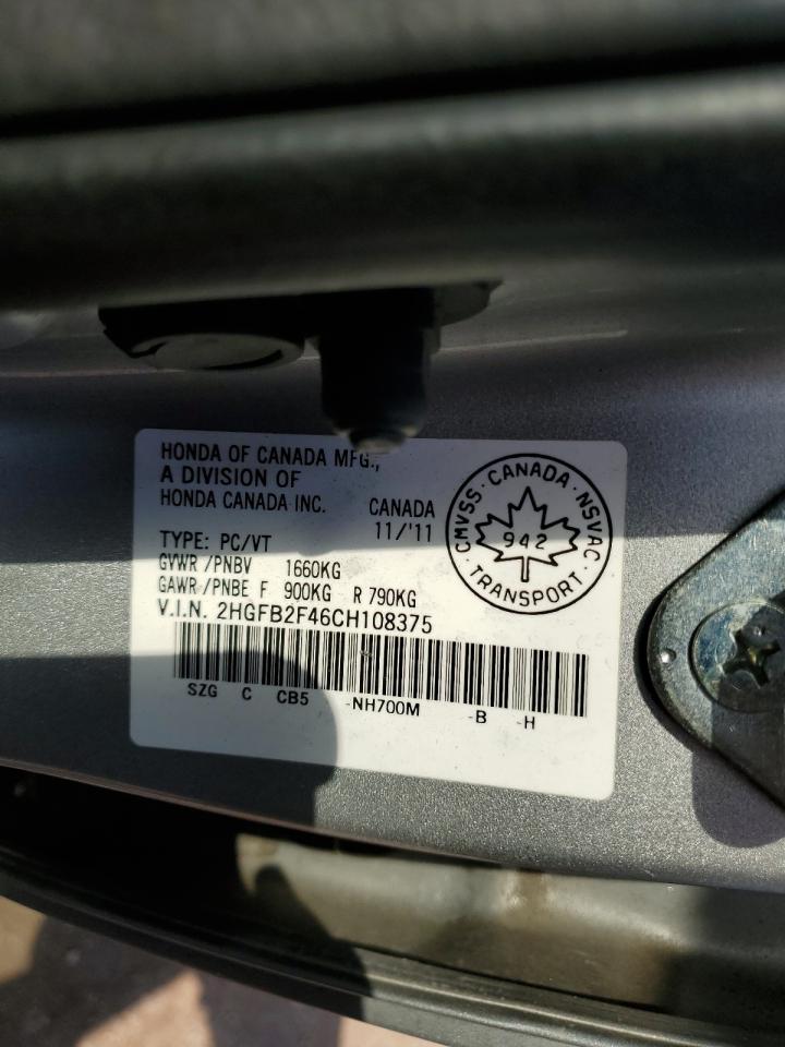 2012 Honda Civic Lx VIN: 2HGFB2F46CH108375 Lot: 60829415