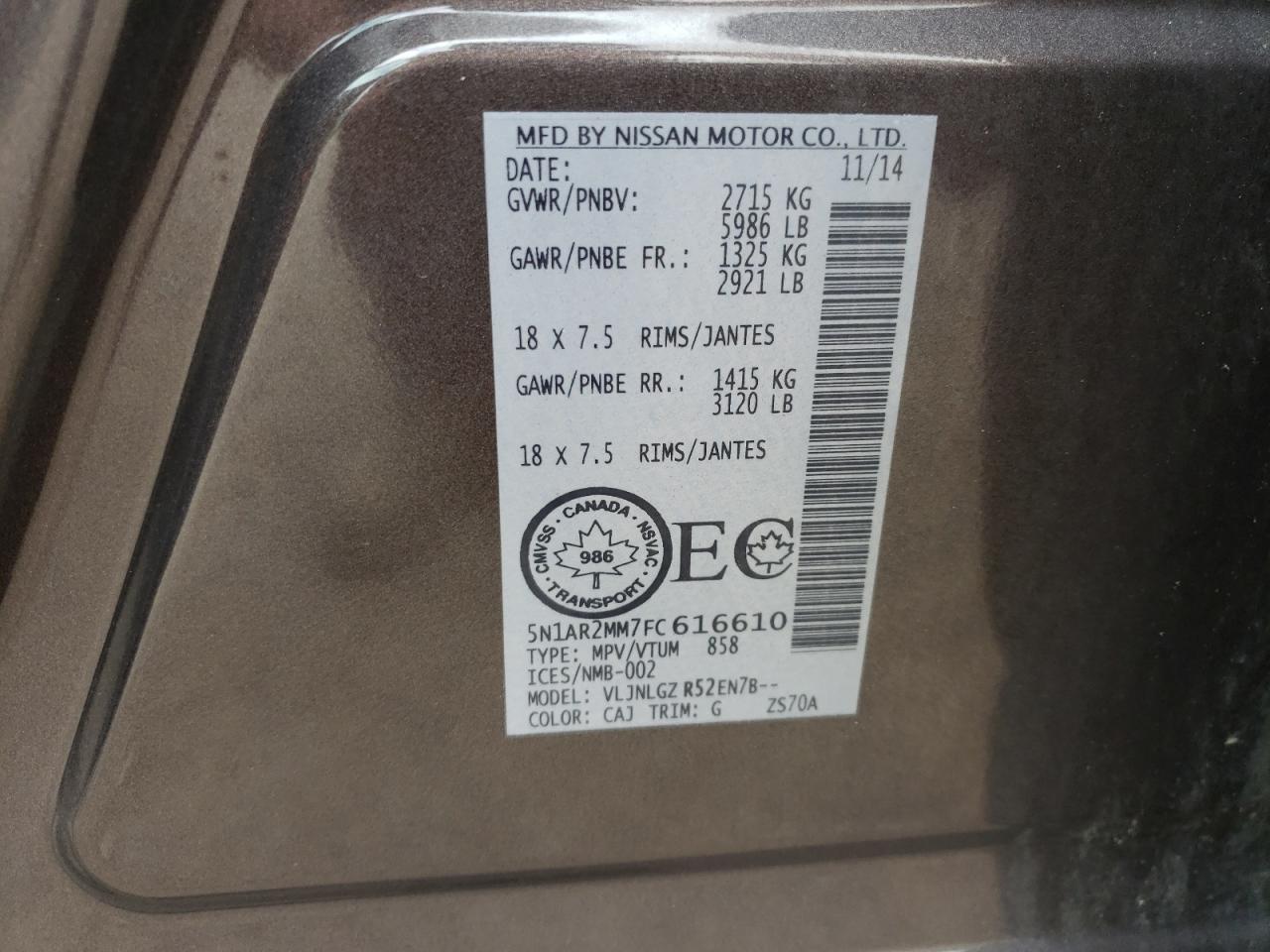 2015 Nissan Pathfinder S VIN: 5N1AR2MM7FC616610 Lot: 64108345