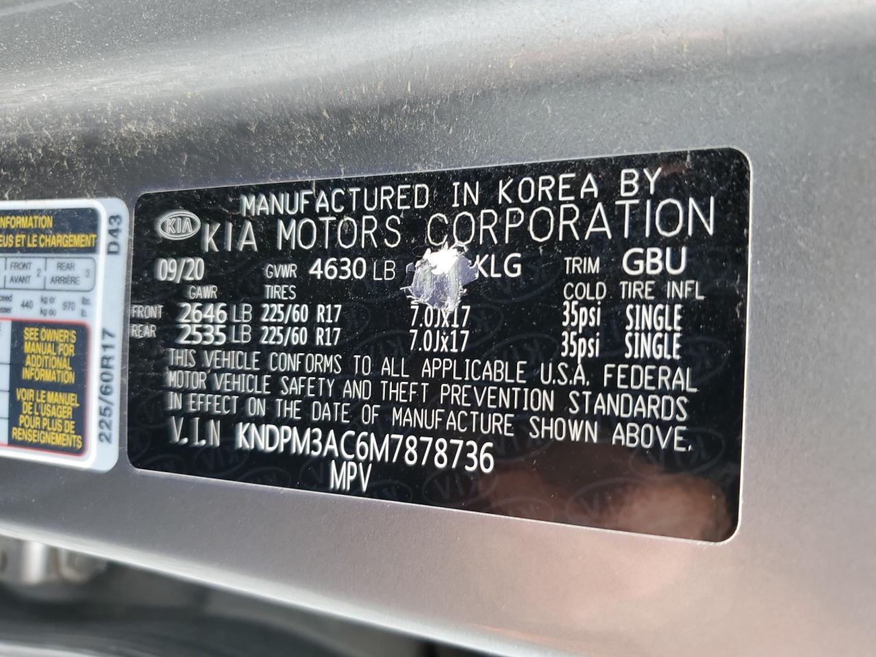 2021 Kia Sportage Lx VIN: KNDPM3AC6M7878736 Lot: 64834625