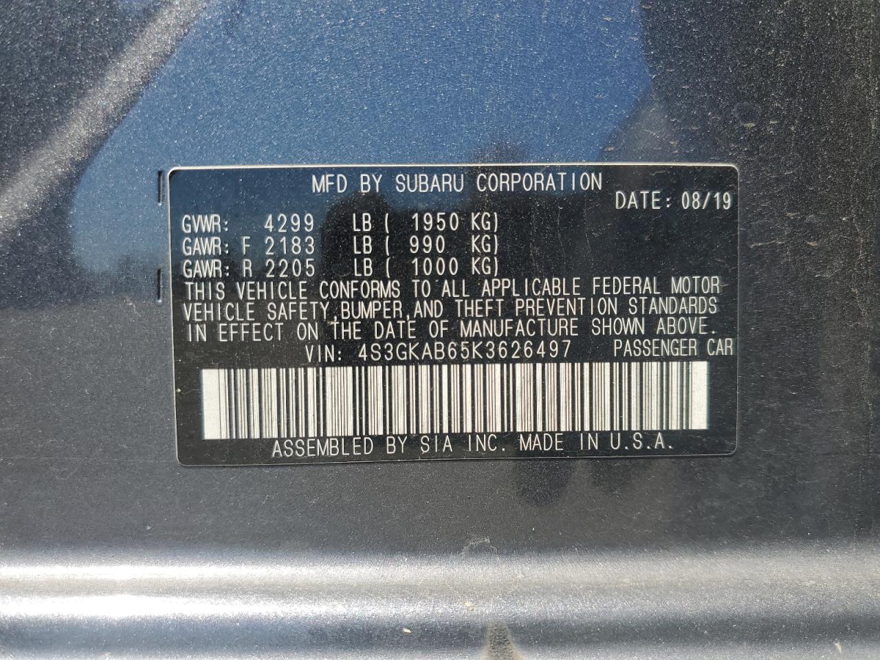2019 Subaru Impreza VIN: 4S3GKAB65K3626497 Lot: 64536485