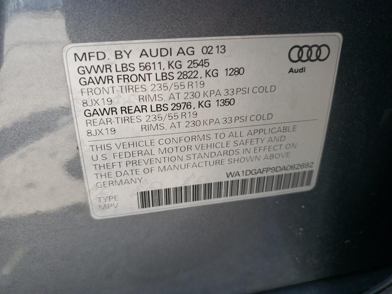 2013 Audi Q5 Premium Plus VIN: WA1DGAFP9DA062692 Lot: 58840505