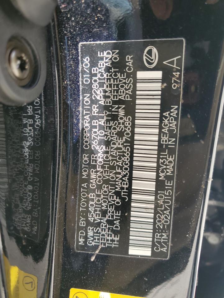 2006 Lexus Es 330 VIN: JTHBA30G865170685 Lot: 64948045