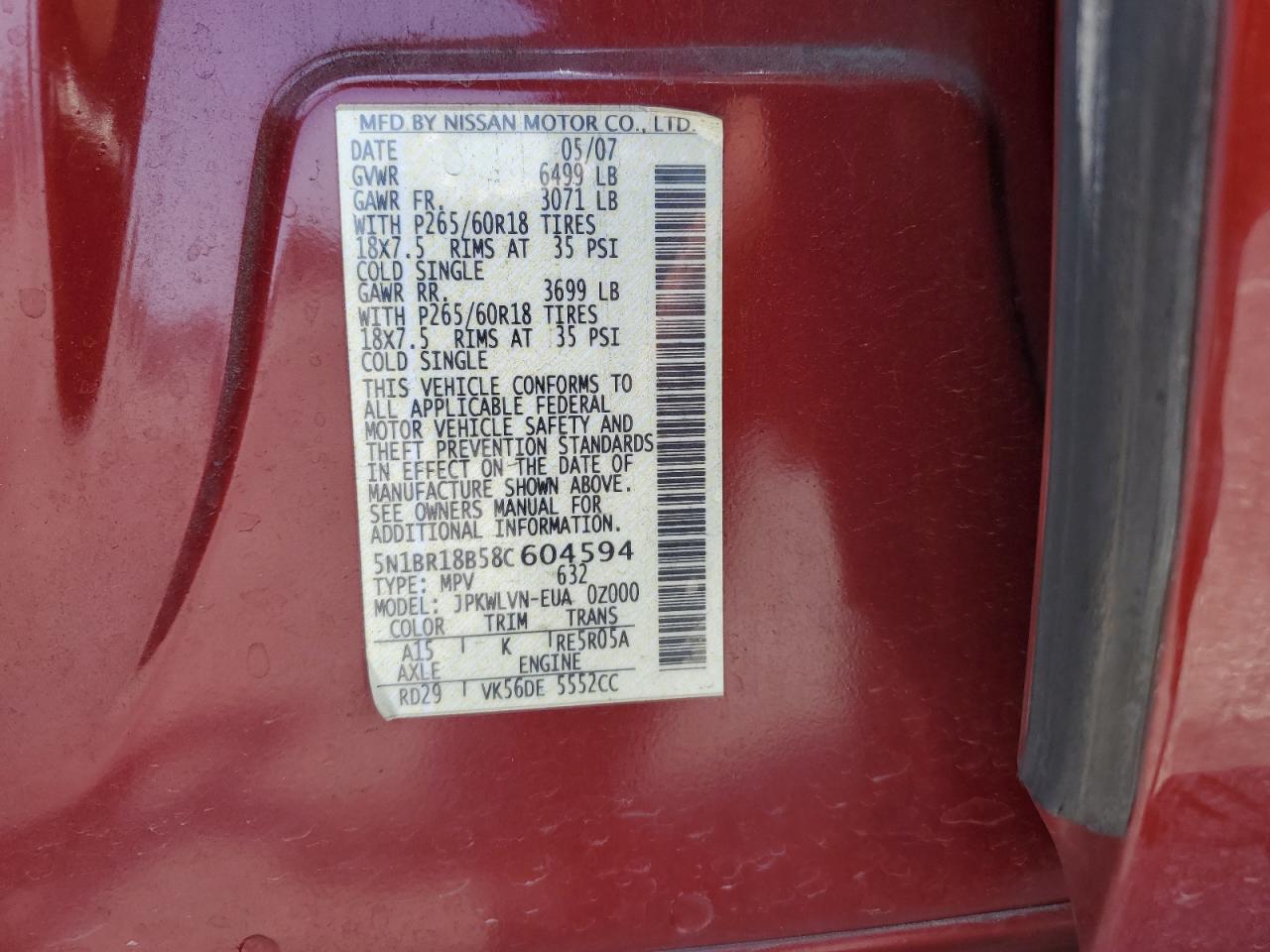 2008 Nissan Pathfinder Le VIN: 5N1BR18B58C604594 Lot: 65064685