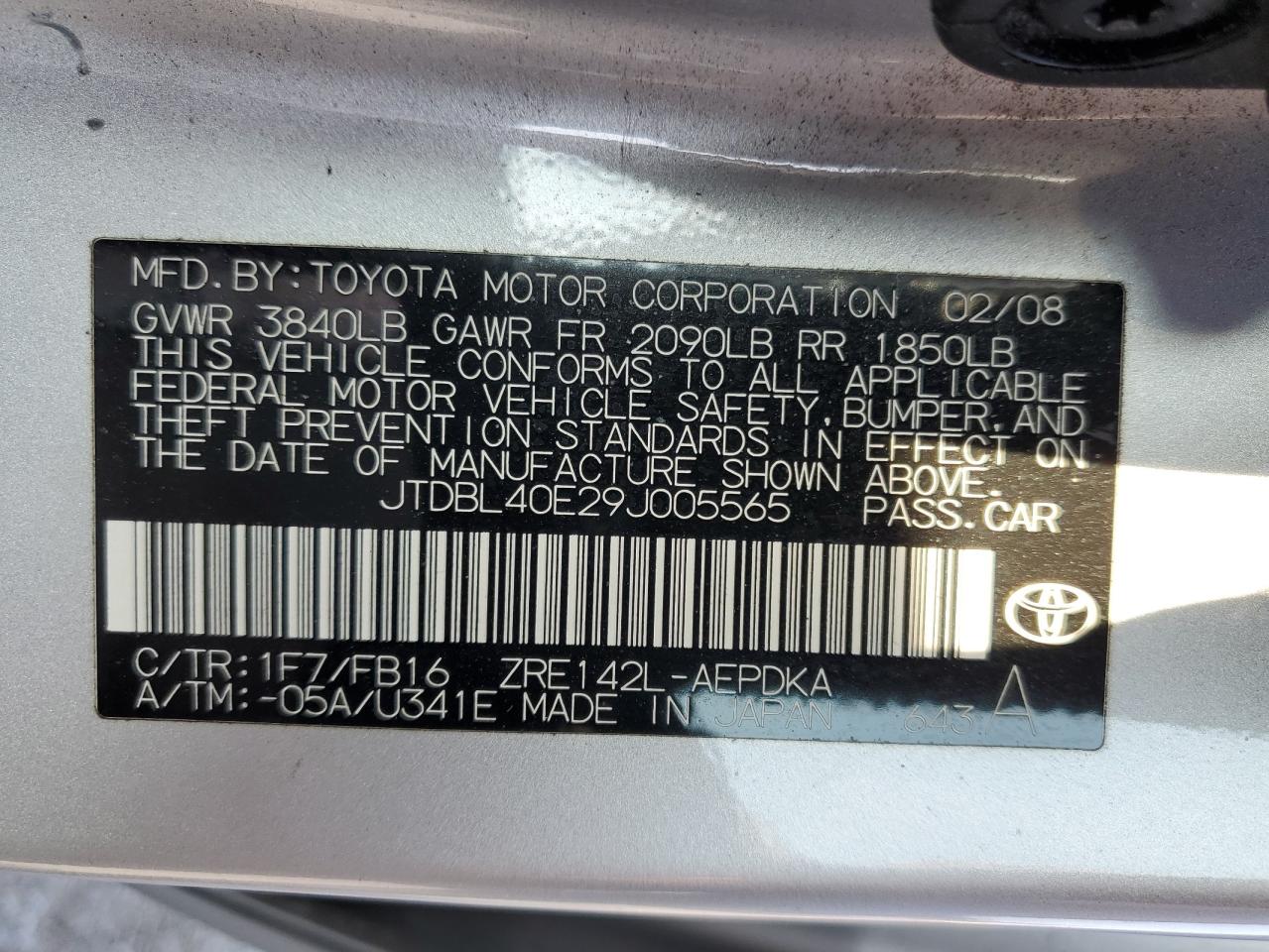 2009 Toyota Corolla Base VIN: JTDBL40E29J005565 Lot: 64601345
