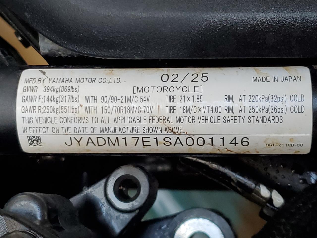 2025 Yamaha Xtz690 VIN: JYADM17E1SA001146 Lot: 66523205